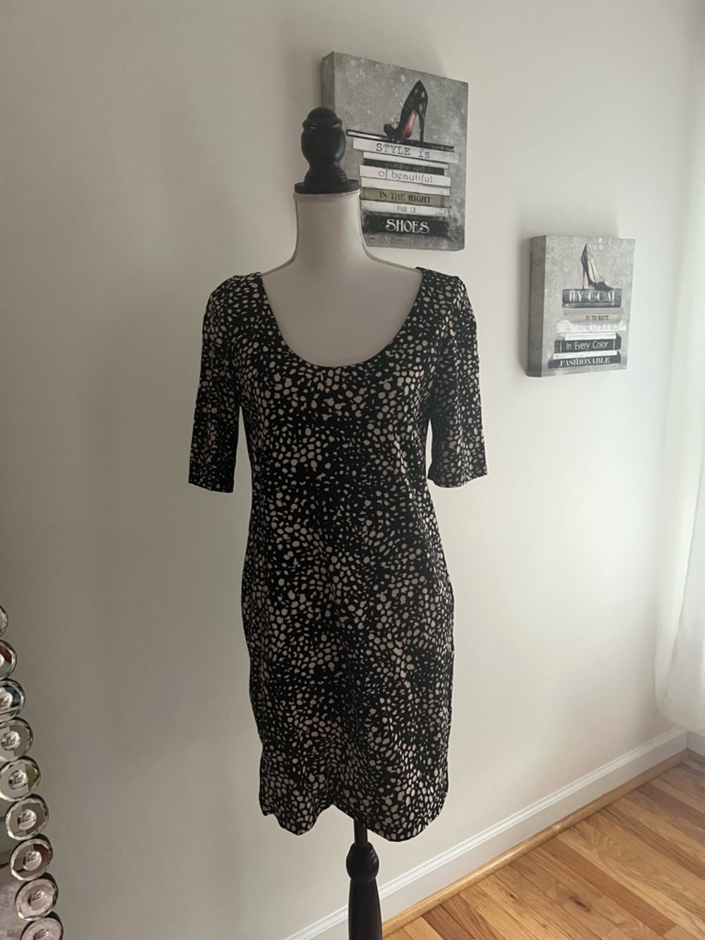 H&M Black Midi Dress with Cream Spot Pattern
